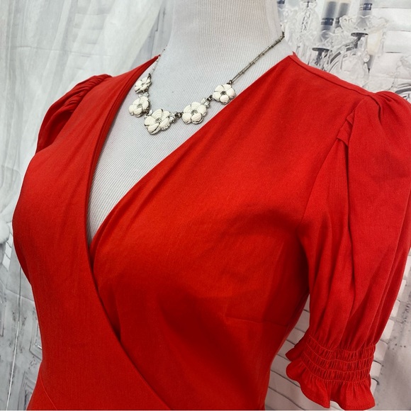 Antonio Melani Solid Red Linen Surplice V-Neck Short Puff Sleeve Wrap Tie Dress - Picture 5 of 15